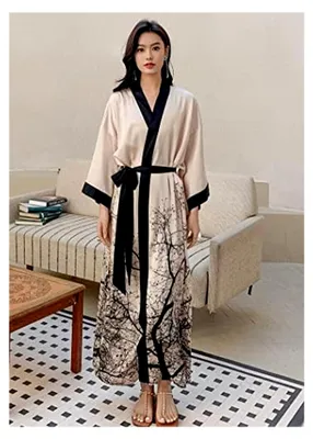 Produktbild von Langer Damen-Kimono-Bademantel aus Satin mit Blumenmuster, Einheitsgröße