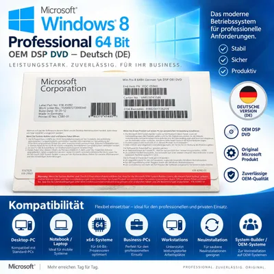 Produktbild von Microsoft Windows 8 Pro, PC, Original Equipment Manufacturer (OEM), Full packaged product (FPP), DEU, DVD, KI-generiertes Bild