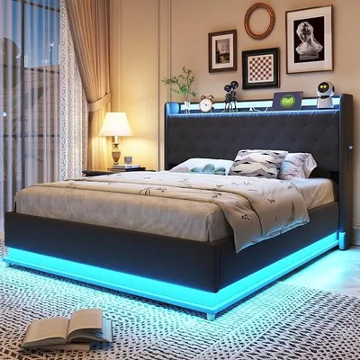 Imagen del producto de Cama tapizada LED de 140x200 cm, con gran espacio de almacenamiento y somier, estructura de metal tipo boxspring, cabecero tapizado con estante y puerto de carga USB. No incluye colchón