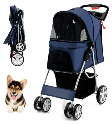 Produktbild von Hundewagen, Haustierwagen, zusammenklappbarer Katzen-/Hundebuggy mit Aufbewahrungskorb, Getränkehaltern und Netzfenster, Reisewagen mit 4 Rädern für kleine Haustiere (Dunkelblau)