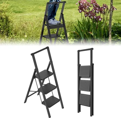 A person is using a step stool in a garden, and the step stool is also shown folded and unfolded.