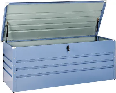 Produktbild von BELIANI Gartentruhe Blau Metall 600 L 165 x 70 cm Wasserdicht Abschließbar mit Deckel Garten Terrasse Aufbewahrungsbox Gartenbox Kissenbox Auflagenbox