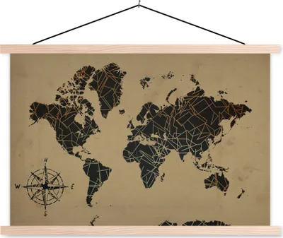 Produktbild von MuchoWow® Textilposter Weltkarte - Vintage - Kompassrose 120x80 cm mit holzfarbenen Rahmen - Aufhängeset