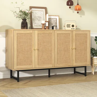 Image de MODFU Buffet - Meuble de Salle à Manger avec 4 Portes en Rotin, Compartiments de Rangement, 140×39,5×80 cm, Couleur du Bois