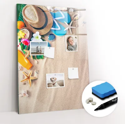 Produktbild von Magnetpinnwand Memoboard - Zubehörsatz - Schwarzer Marker + Schwamm + Magnete - 70 x 100 cm - Sandstrand