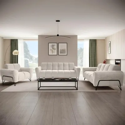 Produktbild von Polsterset VOLARE - Moderner Sitzgarnitur - Sessel + Sofa 2-Sitzer & 3-Sitzer - Chenille Storm in Creme, dekorative schwarze Metallbeine
