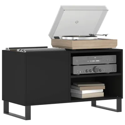 A black media console with a turntable on top and audio equipment inside.