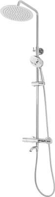 A chrome shower set with a rain shower head, a handheld shower head, and a faucet.