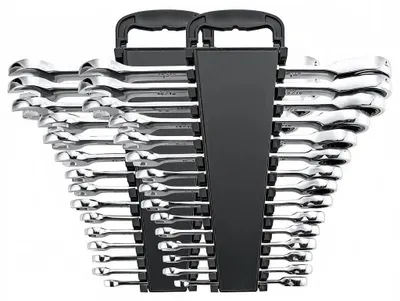 Produktbild von Ratschen-Kombinationsschlüssel Set - 30-teilig - SAE 0,6–2,5 cm - 8–24 mm - Cr-V-Stahl - Werkzeughalter armeegrün