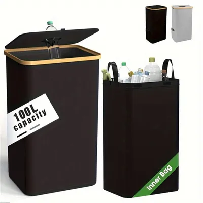 Produktbild von 100L Pfandflaschen Aufbewahrung mit Deckel, Gro? Beh?lter Leergut Flaschensammler mit Loch Kš¹che Abstellraum Flaschentasche,(Schwarz)