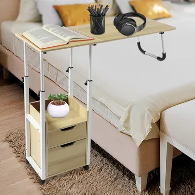 Produktbild von Laptoptisch - Rollbarer klappbarer Betttisch - Höhenverstellbar - L‑Form - Tragbar - Eiche Braun