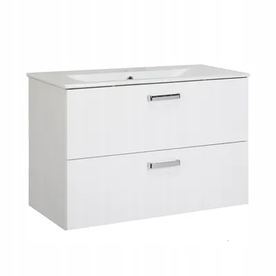 A white bathroom vanity cabinet with a sink on top, shown against a white background.