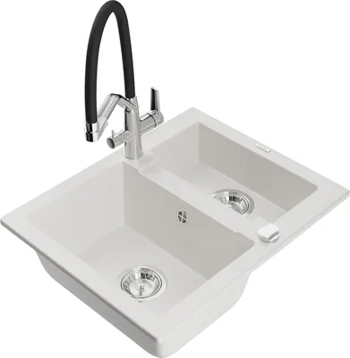 Produktbild von Mexen Carlos 1,5-Becken-Granitspüle mit Mischbatterie Duo, Weiß - 6518-20-671701-07