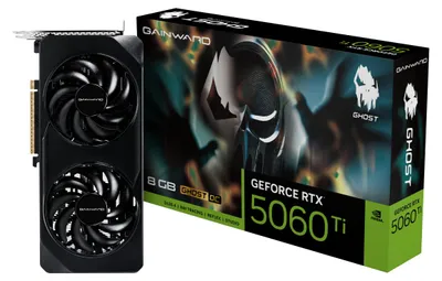 Productafbeelding van Gainward RTX 5060 Ti Ghost OC 8GB GDDR7, met HDMI-aansluiting en 3 DisplayPort-aansluitingen