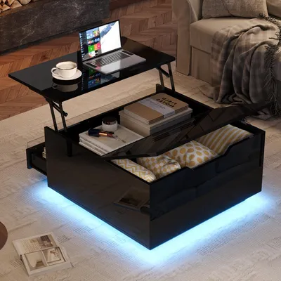 Image de Table basse de salon Sweiko 70x70x38cm, Table basse relevable avec barre lumineuse LED,Table basse avec 1 tiroir,Table d'appoint brillante avec espace de rangement caché et portes relevables,Noir