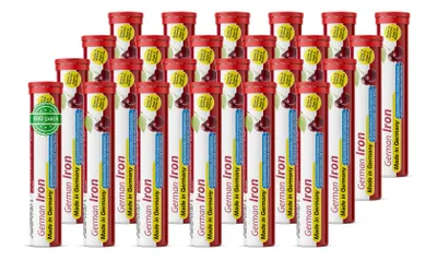 Produktbild von German Eisen Brausetabletten 24x20 Stk. - Kirsch Geschmack – 14 mg Eisen Zuckerfrei – T&D Pharma – Germany