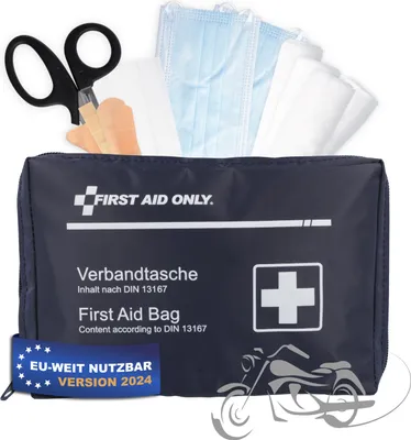 Produktbild von First Aid Only Motorrad Verbandtasche DIN 13167 | Kompakter Verbandskasten 28-teilig als Erste Hilfe Set für Motorrad, Fahrrad, Reise und Freizeit | P-10037