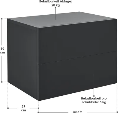 Produktbild von Juskys Wandschrank Nachttisch hängend Holz 40x29x30 cm BTH - mit 2 Schubladen - Wandmontage - Nachtkommode stabil - Nachtschrank Schwarz