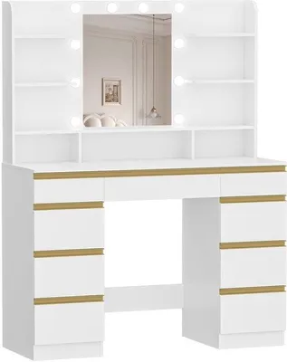 Immagine prodotto di Comò da trucco – Bianco – Illuminazione LED – Ampio specchio HD – Molti spazi di stoccaggio