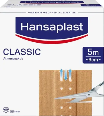 The image shows the packaging of Hansaplast Classic bandages, with a close-up of the product and scissors.