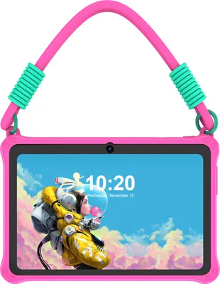 A pink tablet with a teal and pink lanyard, displaying a cartoon image on its screen.