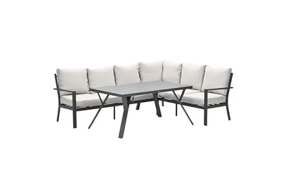 A sectional outdoor sofa and dining table set on a white background.