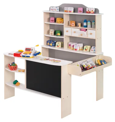 Image de Magasin roba, accessoires compris, naturel, blanc/gris, 4 tiroirs, tableau noir, comptoir et comptoir latéral
