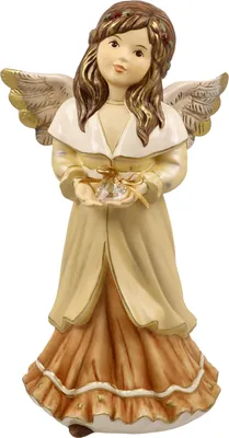A ceramic angel figurine holding a small gift.