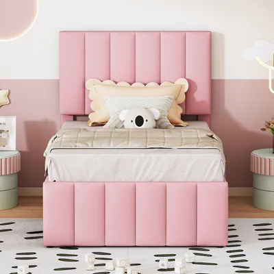 Produktbild von okwish Polsterbett 90 x 200 cm mit Rollbett und 3 Schubladen, Leinen, Rosa