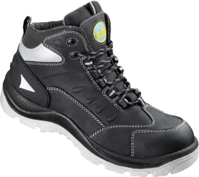A black work boot with white stitching and a white sole, shown against a white background.