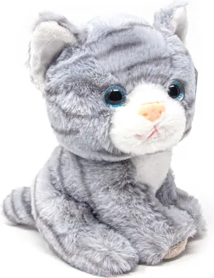 A stuffed toy cat sitting on a white surface.
