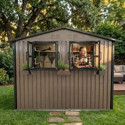 Image de Abri de jardin métallique 4,33 m² à toit en appentis, en tôle d'acier galvanisée, avec double porte, 2 fenêtres et étagère à fleurs, pour le jardin, marron-noir, sans plancher