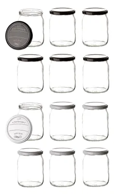 Produktbild von BigDean 12er Set Einmachgläser mit Deckel in schwarz und weiß in Homemade with love Stil - 540ml Sturzgläser Marmeladenglas