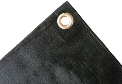 A close-up view of the corner of a black tarp with a silver grommet.