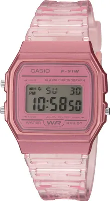 A pink digital Casio watch with a transparent band is shown against a white background.