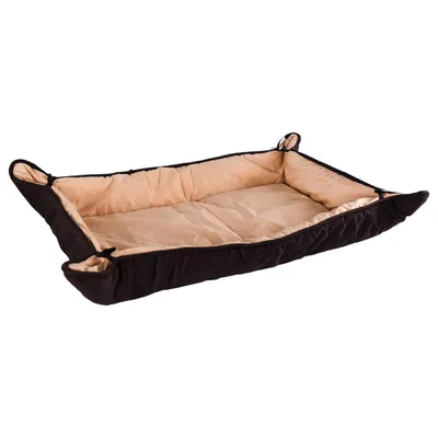 A brown and beige pet bed is shown against a white background.