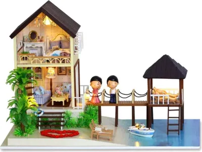 Zdjęcie produktu dla Habarri | Miniaturowy Domek - DIY Domek dla Lalek - Drewniany Domek z Meblami i Oświetleniem LED - Prezent dla Dzieci - Willa Na Malediwach