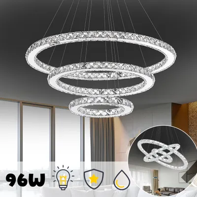Produktbild von ACXIN 96W LED Kristall Design Hängelampe Drei Ringe Deckenlampe Pendelleuchte Kreative Kronleuchter Kaltweiß Lüster (96W Kaltweiß)