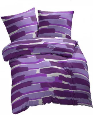 A bedding set with a purple and white striped pattern, including a duvet cover and two pillowcases.