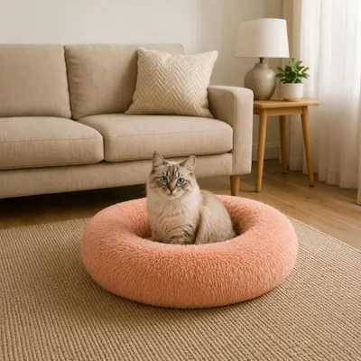 Produktbild von belviona Donut Katzenbett, weiches Katzenkörbchen mit flauschigem Plüsch, rutschfest & gemütlich, 60 cm Durchmesser, altrosa, KI-generiertes Bild