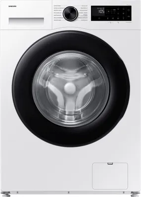 A white Samsung washing machine with a black door.