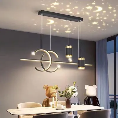 Image de Suspension LED moderne pour table à manger, nouveau design, effet ciel étoilé, hauteur réglable, télécommande, suspension pour salle à manger, salon, bureau (noir)