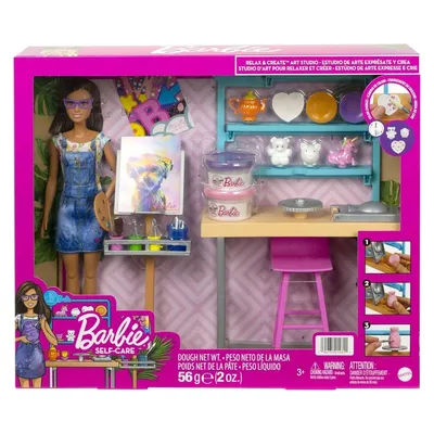 Image de Barbie Wellness Atelier artistique et créatif, poupée Barbie (env. 30 cm), plus de 25 accessoires créatifs pour la poterie et la peinture, pour les enfants de 3 à 7 ans