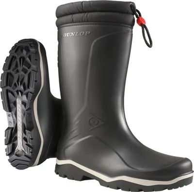 A pair of black Dunlop winter boots shown against a white background.