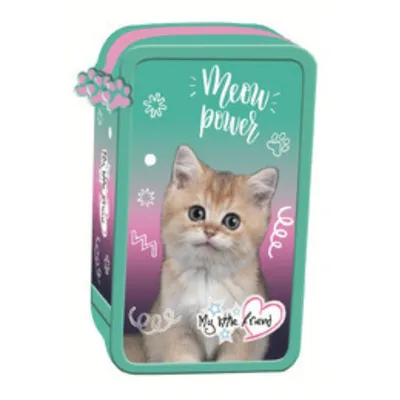 Produktbild von Goldkids - Federmäppchen 3 Fächer - Mäppchen für Mädchen und Jungen - Federmappe 3-Fach Federtasche 44-teilig Gefüllte Schüleretui - Katze Motiv