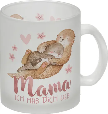 Produktbild von Otter Baby und Mutter Glas Tasse mit Spruch Mama ich hab dich lieb