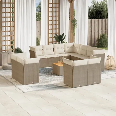Produktbild von Design 12-tlg. Garten-Sofagarnitur mit Kissen Beige Poly Rattan, Gartenmöbel-Sets 2024 Neu