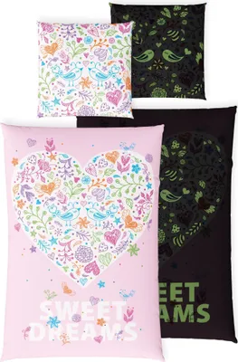 A collage of bedding sets with heart and bird designs, some of which glow in the dark.