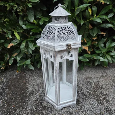 Produktbild von Vintage Holzlaterne sechseckige grau 60 cm