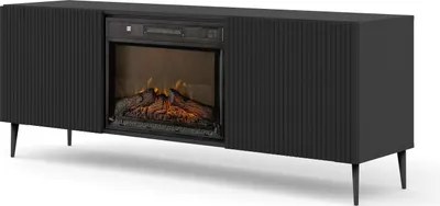 A black TV cabinet with a fireplace insert, shown from a diagonal angle against a white background.